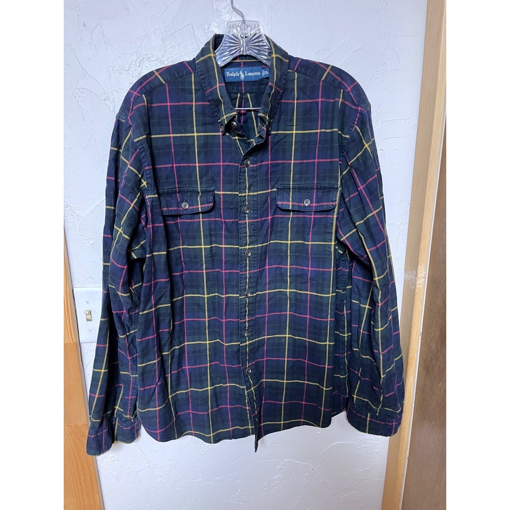 Ralph Lauren Mens XL Plaid Button Down Shirt Navy Green Red Long Sleeve Flap Pkt